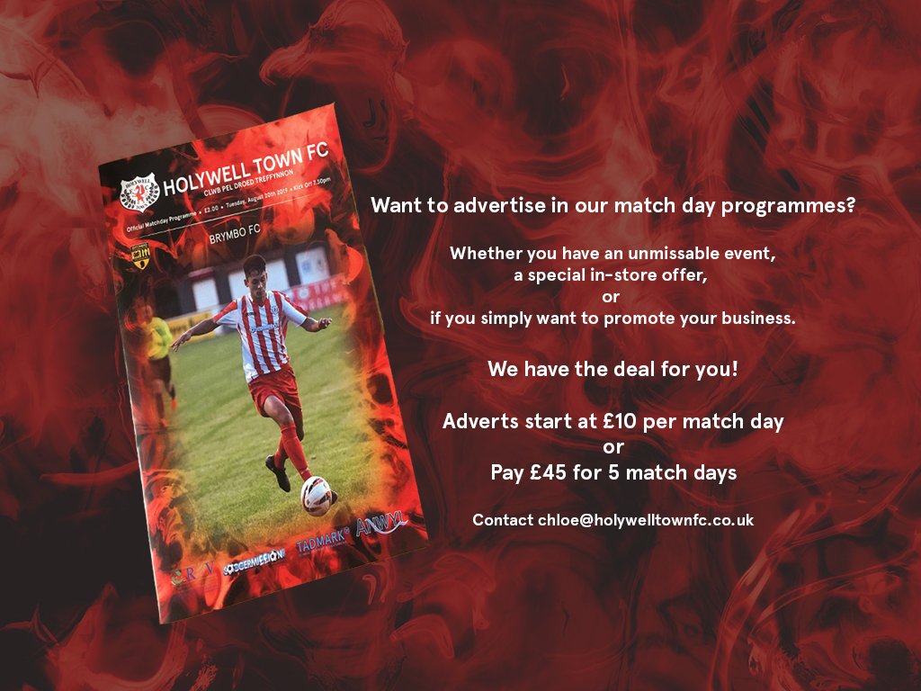 HolywellTownFC's tweet photo. Why not advertise in our match day programmes? 

Promote your business and #SupportTheWellmen this season! 

@holywelltownbiz @Holywell_Town #holywelltown @wellinnholywell @HolywellMarket @HDistricttg @The94thMin @NonleagueS @nwalestweetsuk https://t.co/a7GUcnULH1