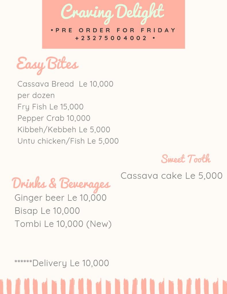 cravingdelight's tweet photo. We’re back again 😉, pre order now for Friday, chicken/Fish Untu, cassava bread and fry fish, tombi juice, ginger beer, bisap, pepper crab #SweetSalone #Salone #FoodLove #SaloneTwitter https://t.co/wNcuKRsRw9