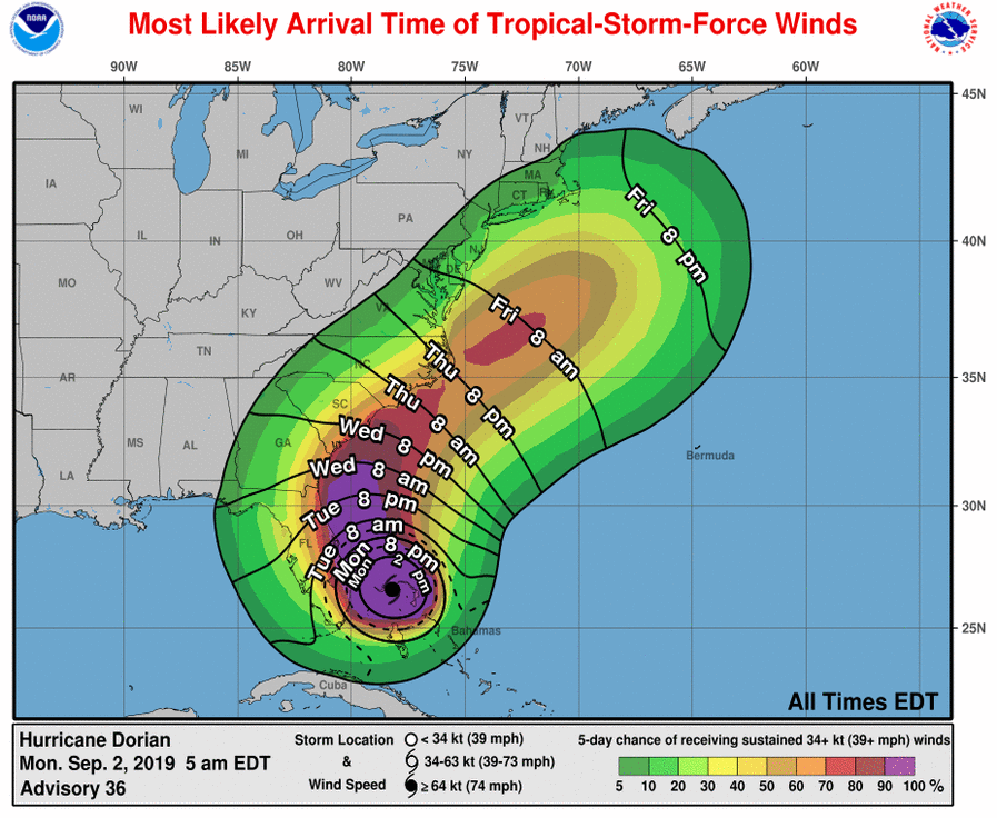 NHC_Atlantic's tweet image. Tropical-storm-force winds are mostly likely to start in Georgia early on Wednesday, in South Carolina late Wednesday, and in North Carolina early Thursday.  Follow the latest #Dorian forecast at hurricanes.gov