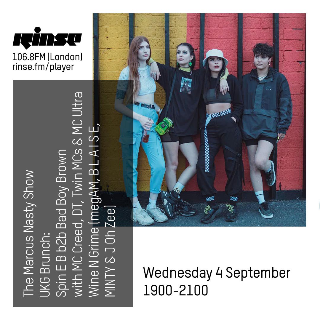 RinseFM's tweet photo. Up next at 7PM is @MarcusNasty  UKG Brunch: 

@DJSpinEB b2b #BadBoyBrown  @mccreedmusic @MrDtAFC @TWINMCS #MCUltra and @winengrime

Listen to all the action on https://t.co/Q0ed1kLtwe + 106.8FM 

#RinseFM https://t.co/RiXJHk7rz7