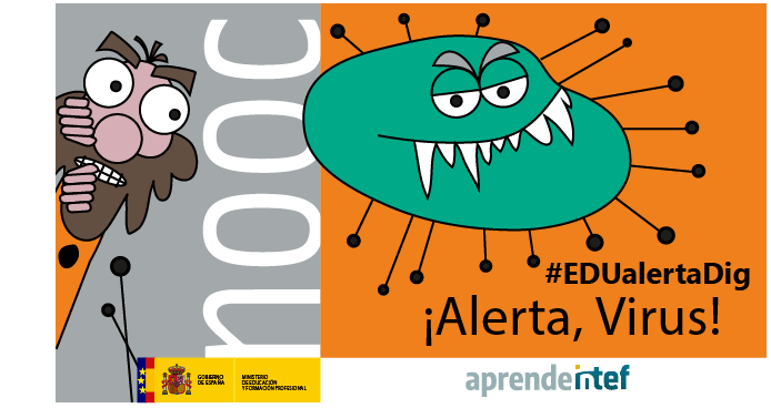 educaINTEF's tweet photo. Aún puedes inscribirte en el NOOC de #AprendeINTEF "¡Alerta, virus! (1ª ed)" #EDUalertaDig. Trabajar el nivel C2 de la competencia 5.1. Resolución de problemas técnicos, del #MarcoCDD de @educaINTEF https://t.co/BOzgXNuG0F https://t.co/kDXp9lkgAV