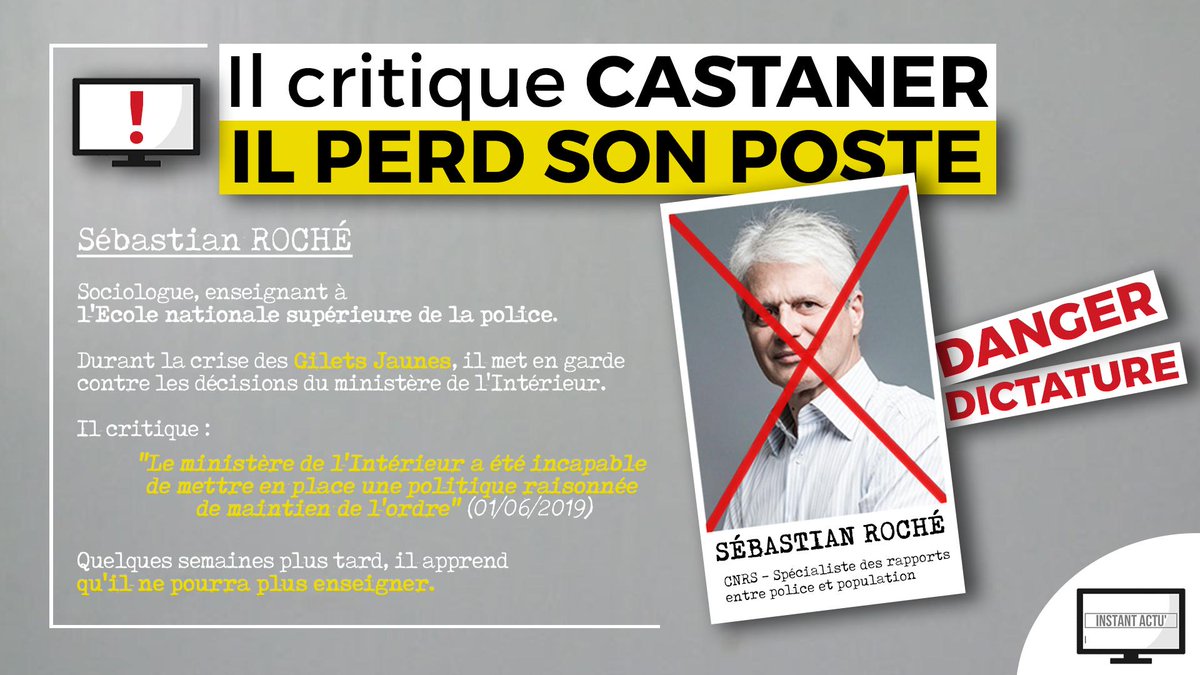 Instant_Actu's tweet photo. Enseignant, il critique les méthodes de #Castaner : il perd son poste !

C'est ce qui est arrivé à @sebastianjroche, spécialiste des rapports entre police et population, qui enseignait notamment auprès de l'Ecole nationale supérieure de la police.
#MacronDictature https://t.co/fK1vWWW1Bg