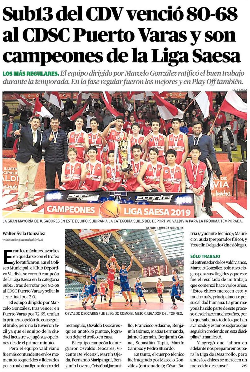 📰 [PRENSA - <a href="/austral_losrios/">Diario Austral</a>] “Sub-13 del <a href="/CDVBasket/">Club Deportivo Valdivia - Oficial</a> venció 80-68 al <a href="/CDSCPuertoVaras/">CDSC Puerto Varas</a> y son campeones de la #LigaSaesa” australvaldivia.cl/impresa/2019/0… #valdiviacl