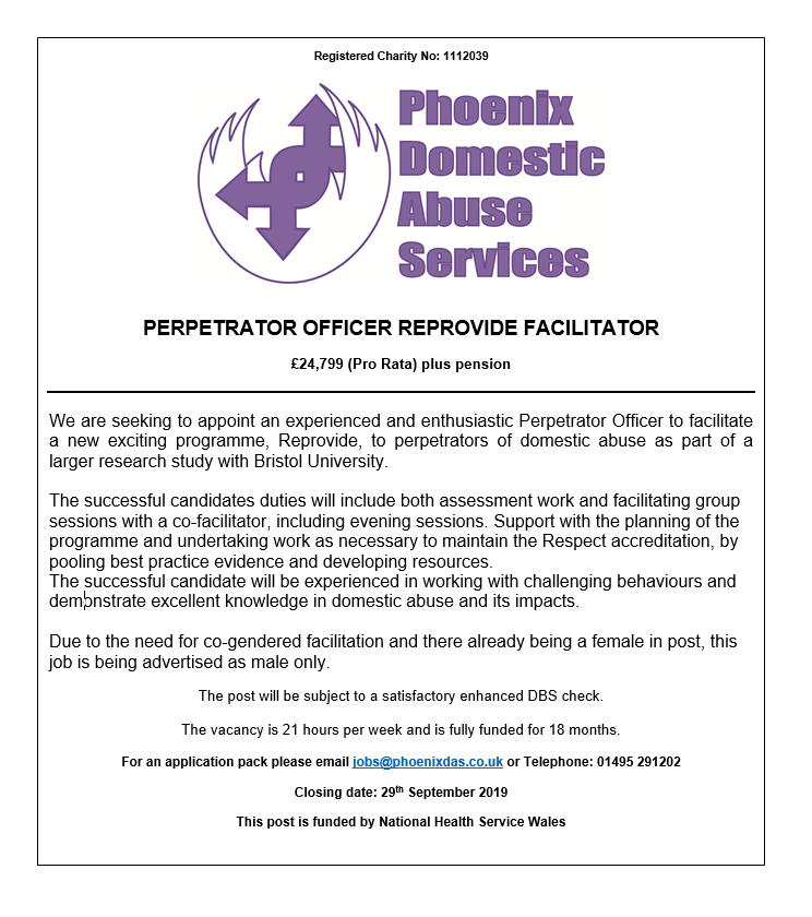 PhoenixDAS_UK's tweet photo. We are seeking to appoint an enthusiastic Perpetrator Officer. Please see advert below for further details #perpetratorofficer #jobs #domesticabuse #reprovide https://t.co/rVjrpe2lFj