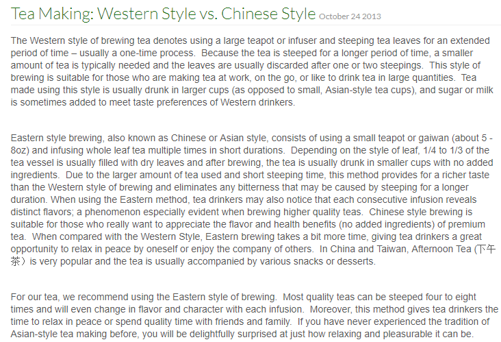 Western tea brew vs Chinese tea brewFrom  https://www.greenterraceteas.com/blogs/news/9796464-tea-making-western-style-vs-chinese-style