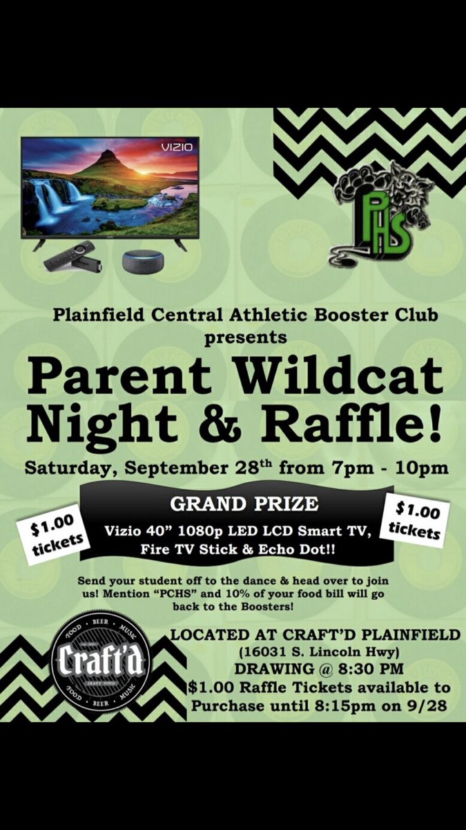 PCHSATHLETES's tweet photo. HOCO PARENT FUN 💃💚🕺🏻🏈

As we send our student off to the HOCO DANCE head on over to CRAFT’D for a fun filled parent evening. We will be selling $1.00 raffle tickets to win a 40” TV SMART TV, ECHO DOT or FIRE STICK. 
Where- Craft’d 
When- Sept 28
Time 7:00-10:00pm
#parentfun https://t.co/neemM9CWeX