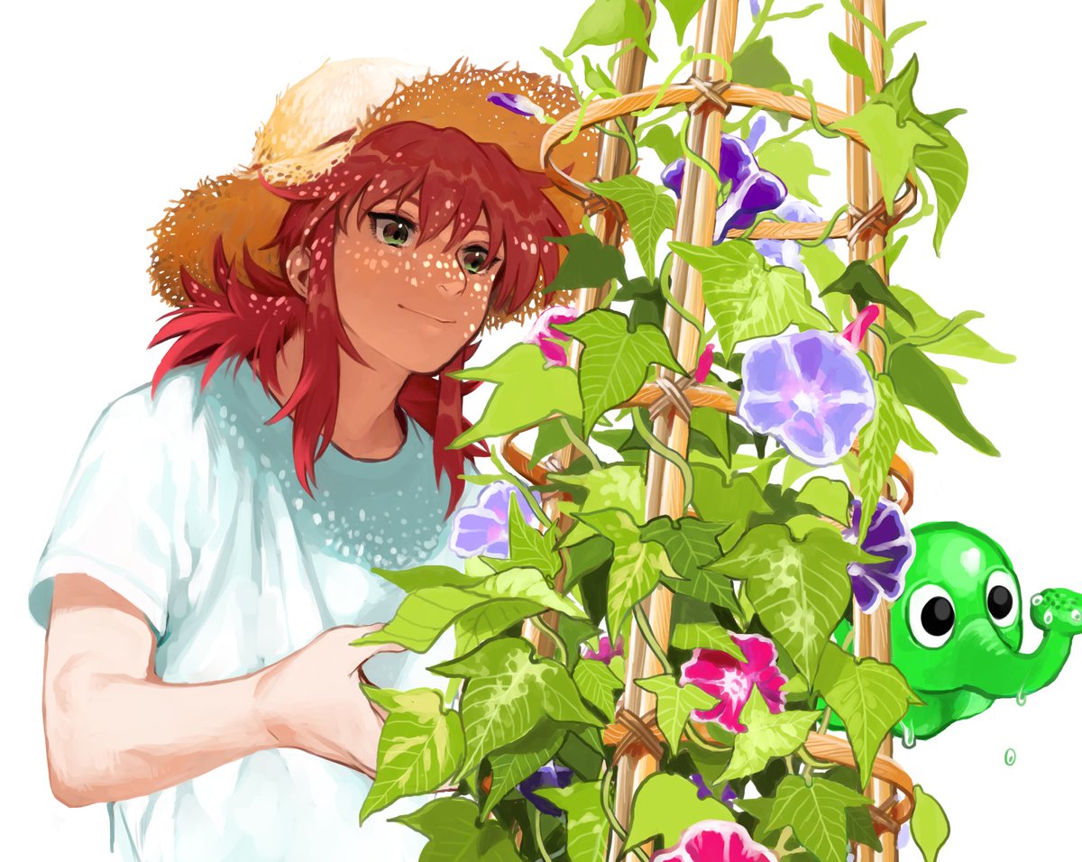 1boy hat male focus morning glory flower straw hat shirt  illustration images