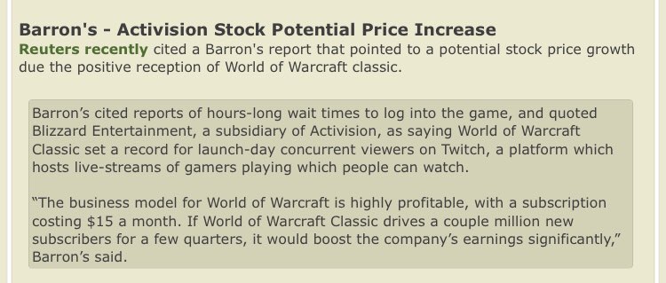 This is THE MOST IMPORTANT piece of news to come out of Classic WoW. Investors seeing promise in the genre = more investment in MMORPGs which hopefully means the genre progresses beyond the rut that it is currently in. BIG STUFF!
