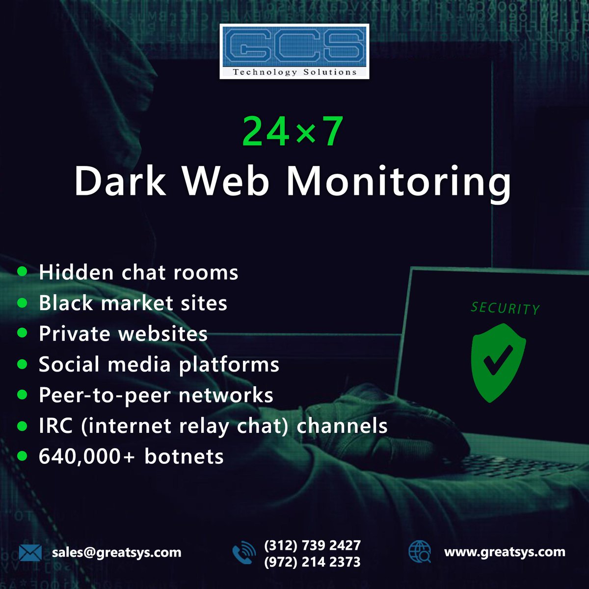 GCS Inc (@gcs247) on Twitter photo GCS provides 24*7 Dark Web Monitoring.
#networkassesment #managedservices #GCS #Greatcomputersolutions #darkwebmonitoring #datarecovery
Visit us: greatsys.com
Write us: sales@greatsys.com
Call us:
(847) 763 0763
Chicago:(312) 739 2427
Dallas: (972) 214 2373 GCS provides 24*7 Dark Web Monitoring.
#networkassesment #managedservices #GCS #Greatcomputersolutions #darkwebmonitoring #datarecovery
Visit us: greatsys.com
Write us: sales@greatsys.com
Call us:
(847) 763 0763
Chicago:(312) 739 2427
Dallas: (972) 214 2373
