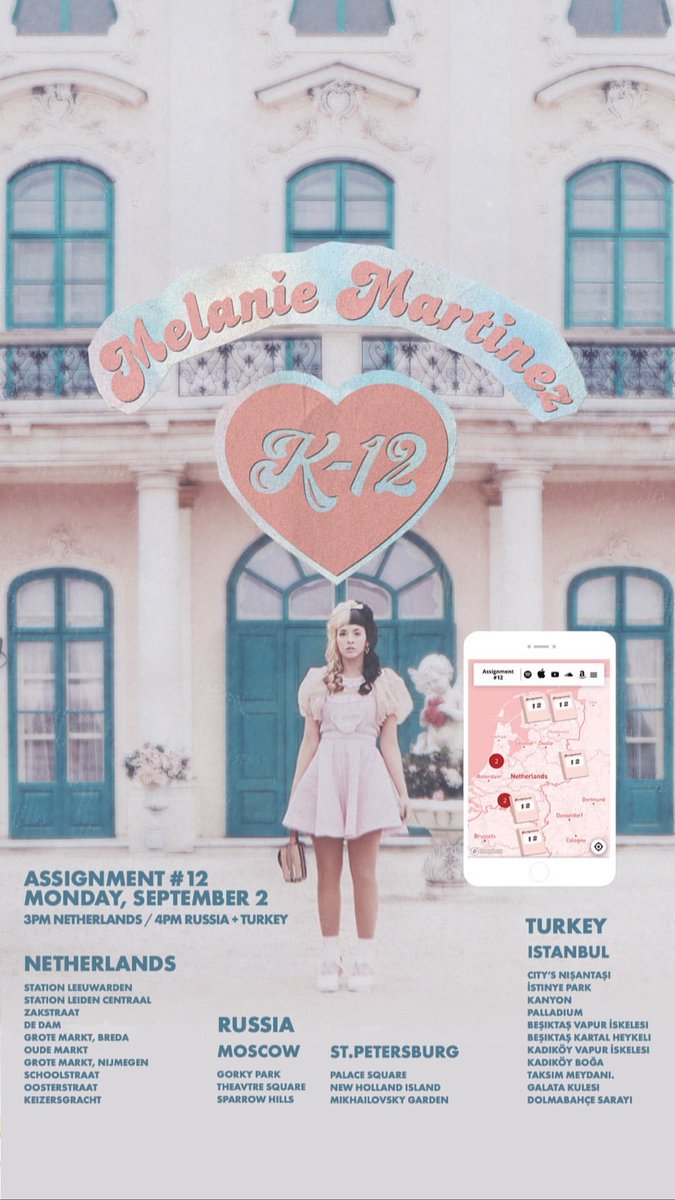 cn_melanie's tweet photo. 第十二个线下任务开始辽 ～ 
这次的活动地点将在荷兰、俄罗斯和土耳其三个国家开展，共有27个地点可以访问。

活动时将在9月2日开始，详细时间：
阿姆斯特丹标准时间 - 3 PM
俄罗斯 + 土耳其 标准时间 - 4 PM
北京时间 - 9 PM

#MelanieMartinez 
#MelanieMartinezK12 
#MM2IsComing https://t.co/vSBy7MbTSk