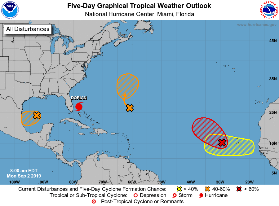 hurrtrackerapp's tweet photo. 4 potential new systems across the Atlantic basin the next 5 days. None are a threat to land at this point. #tropics https://t.co/9RPCYJ7pkp
