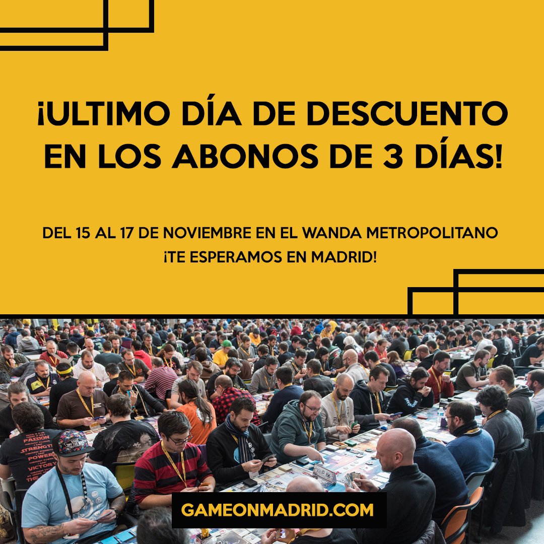 GAMEONMadrid's tweet photo. Recuerda que quedan pocas horas para aprovechar el descuento en el abono de 3 días.
¡No te quedes sin tu entrada! Cómprala ya en https://t.co/CPiwUhggOE
#GameOn #GameOnMadrid #WandaMetropolitano https://t.co/KU1a1PrGMD