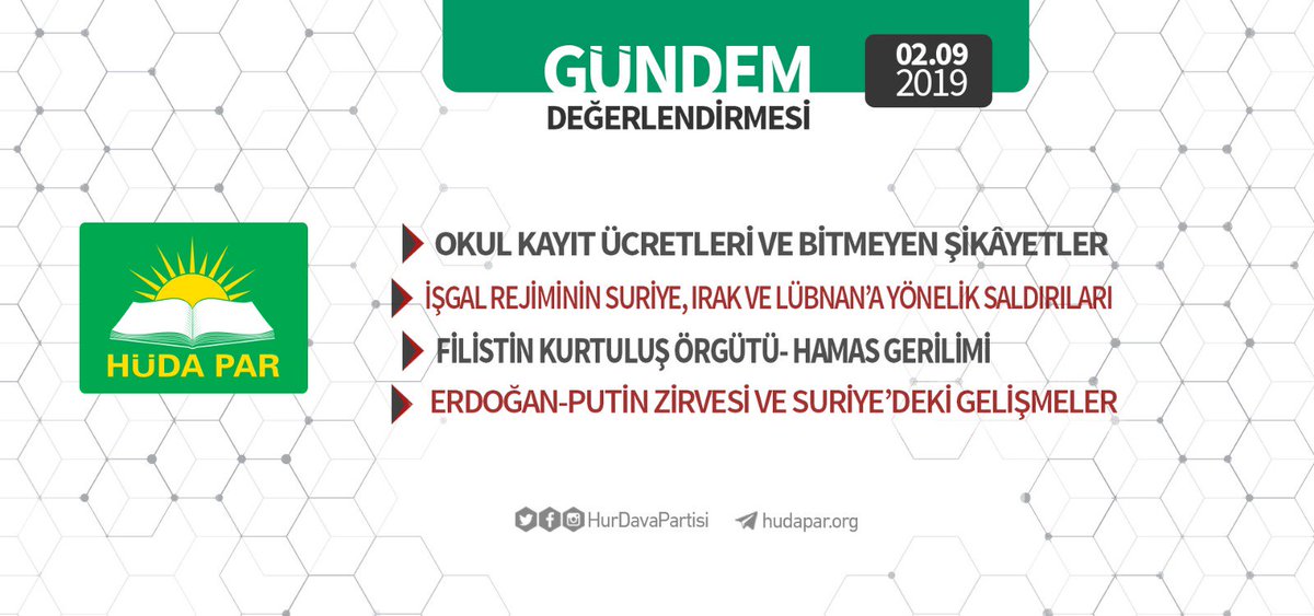 Bu haftaki gündem değerlendirmemizde; okul kayıt ücretleri ve bitmeyen şikâyetler, işgal rejiminin Suriye, Irak ve Lübnan’a yönelik saldırıları, FKÖ- Hamas gerilimi, Erdoğan-Putin zirvesi ve Suriye’deki gelişmeler gibi konu başlıkları ele alındı. #HÜDAPAR 
hudapar.org/web/1093/gunde…