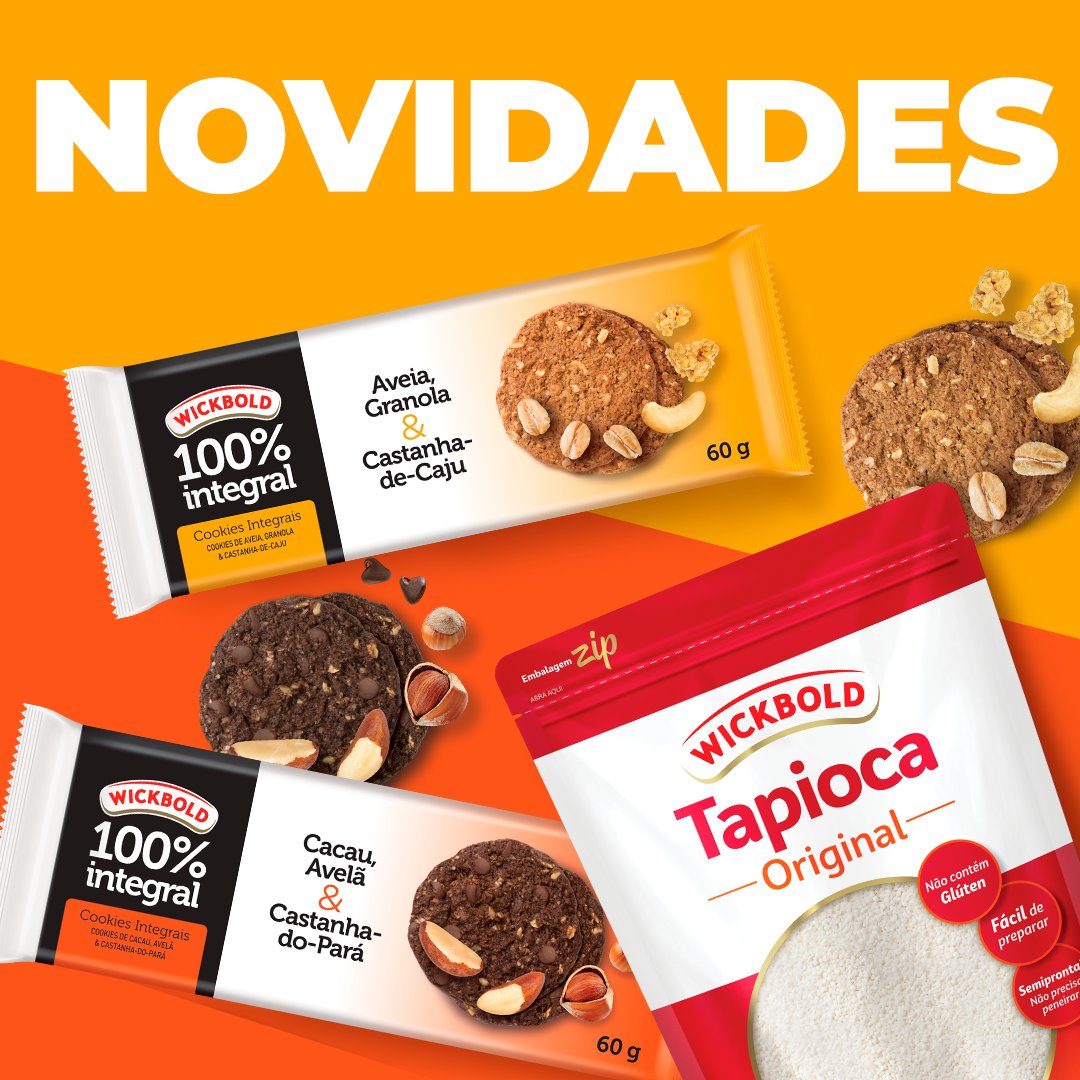 WickboldOficial's tweet photo. Chegou novidade! Agora você pode contar com nossos Cookies e Tapioca para complementar a sua alimentação. E aí, curtiu? #wicklovers #wickbold #cookies #tapioca #semgluten #integral #lançamento #integralissimo https://t.co/eyyft3BqB1