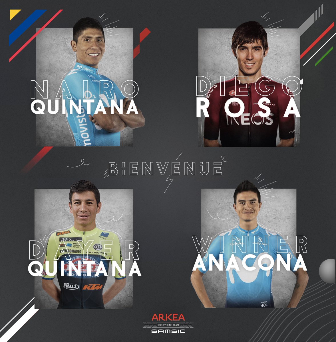 L’équipe est particulièrement heureuse d’accueillir dans son effectif pour les saisons prochaines Nairo Quintana, Winner Anacona, Diego Rosa et Dayer Quintana. 



Bienvenue dans l’équipe Arkea-Samsic !

➡️team-arkea-samsic.fr/nairo-quintana…