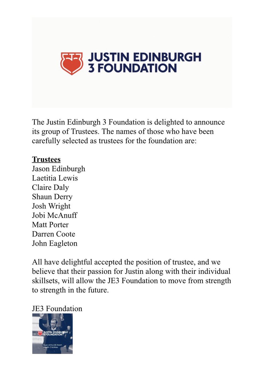 JE3Foundation's tweet photo. ⚠️Announcement⚠️

@JE3Foundation announces trustees for the foundation: 

Jason Edinburgh
Laetitia Lewis
Claire Daly
@shaunpderry
@joshwright4
@jobimcanuff7
@mattporter_lofc
Darren Coote
@colebrookroyals

#JE3Foundation https://t.co/XjK5oYM4FR