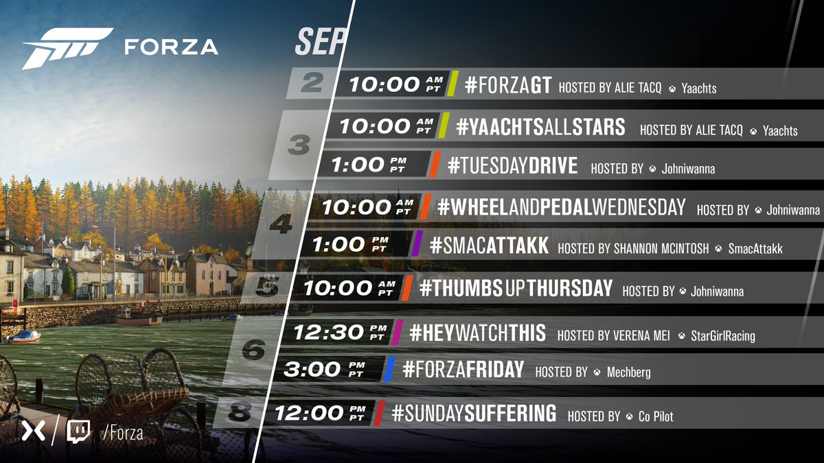 ForzaMotorsport's tweet photo. Hi everyone, take a look at our streaming calendar for the coming week. Lots of stuff to look forwards to this week starting with #ForzaGT hosted by @AlieTacq later today at 10am Pacific/6pm UK. We hope to see you in the chat! https://t.co/RFcsIRzyKk https://t.co/XsUBqWAZiH