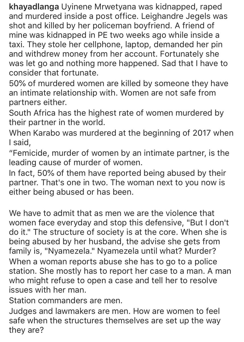 khayadlanga's tweet photo. The only times I have ever been afraid and have been fearful for my life, there were men involved. And I am man. 
#UyineneMrwetyana 
#LeighandreJegels https://t.co/kMqmc8XTUr
