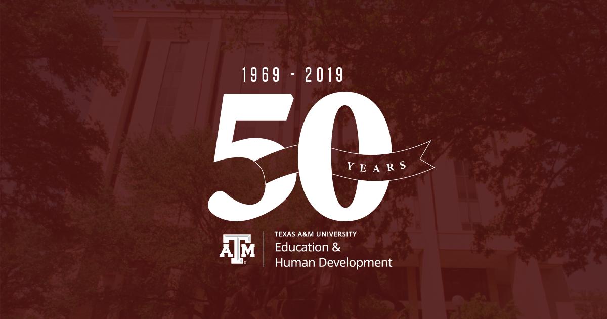 Photo of Harrington with maroon overlay on background with the 50th anniversary logo