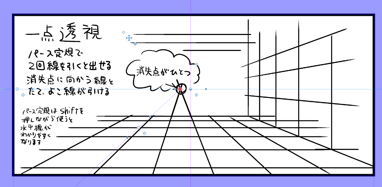 １号 これは前に描いたものですけど 一点透視以外の二点もしくは三点透視 の消失点はだいたい原稿の外 画面外にはみ出します 画面内に消失点がいくつか入るように描くと パースがきつくてバランスが悪く しかも描きづらくなります T Co