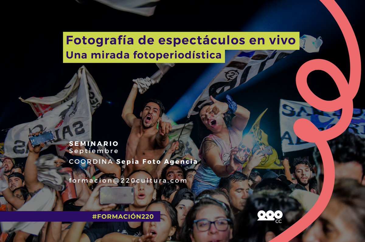 220_CC's tweet photo. #Seminario Fotografía de espectáculos en vivo 📸✨🎤🙋♂ en #220CC.
.
📣¡ARRANCAMOS 12 de Septiembre!
Sepia Foto Agencia te enseña una mirada afilada y lista para la acción en recitales.
.
+Info ESCRIBINOS 👉 formacion@220cultura.com
Programa 👉https://t.co/P1H7CRVgRq https://t.co/dHopNT1xyS