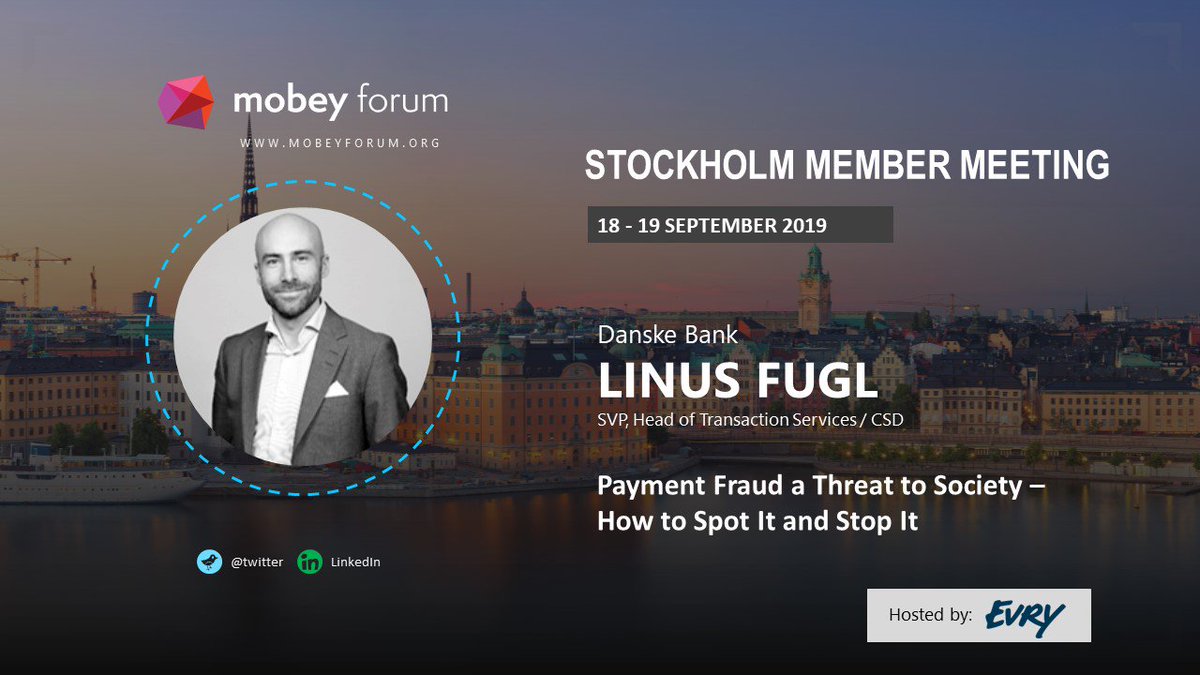 Payment Fraud a Threat To Society – How To Spot It And Stop It, Linus Fugl from <a href="/DanskeBank_DK/">Danske Bank Danmark</a> to speak at #MobeyForum Stockholm meeting 18-19 September. Hosted by @EVRY_no 
bit.ly/2Ipeabq

#cashless  #payments  #fraud #MobeyForum
