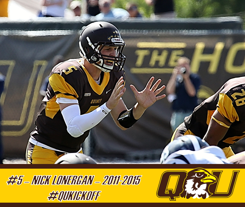QUHawksFootball's tweet photo. Nick Lonergan stands #1 in both passing yards with 6,103 & passing TD's with 41 for his career. He is undoubtedly one of the greatest QB's in our history as well as one of the toughest to put on the uniform. Thank you for all you did for our program. 5 days until #QUKICKOFF https://t.co/Mwa9mb4iwF