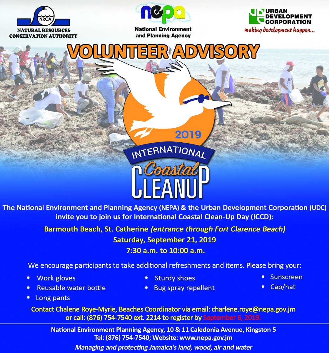 Calling all volunteers for International Coastal Cleanup Day 2019 at Barmouth Beach in St. Catherine!
See the advisory to learn how to sign up!
#ICCD2019 #PreserveEnvironment #NEPAAndYou #BeachCleanUpJa