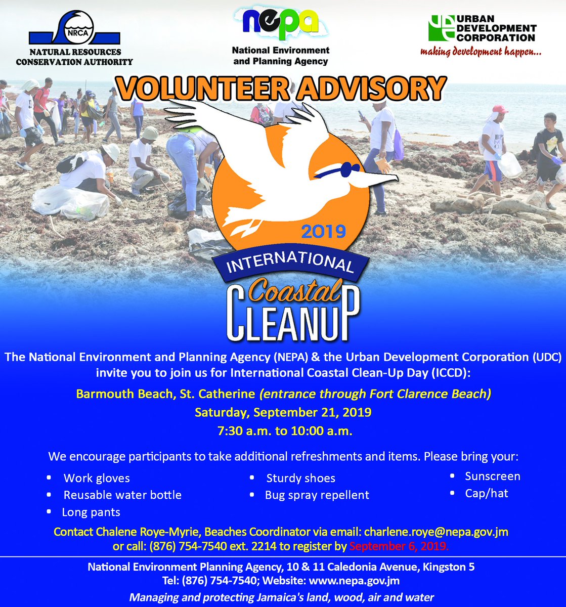 nepajamaica's tweet photo. Calling all volunteers for International Coastal Cleanup Day 2019 at Barmouth Beach in St. Catherine!
See the advisory to learn how to sign up!
#ICCD2019 #PreserveEnvironment #NEPAAndYou #BeachCleanUpJa https://t.co/vu4LEJcziE