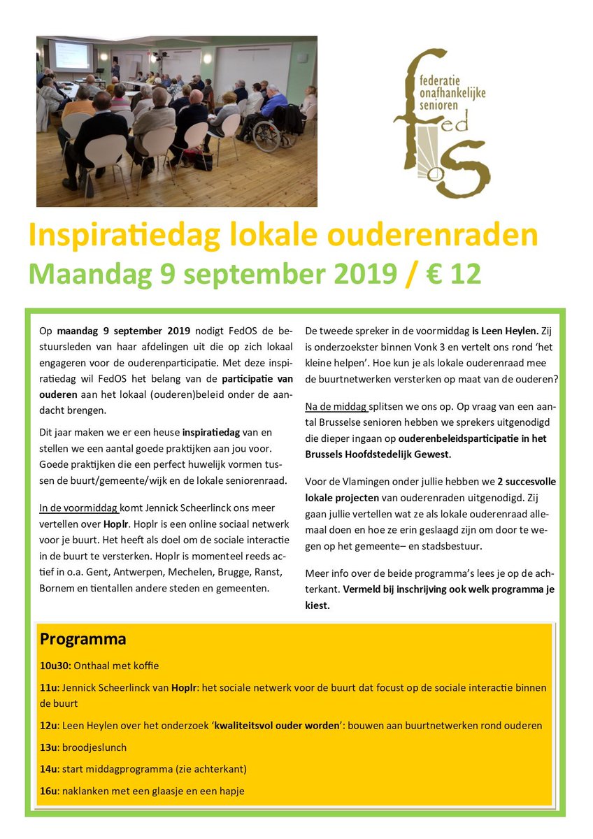 FedOSvzw's tweet photo. Schrijf je nog snel in voor onze inspiratiedag rond ouderenbeleidsparticipatie. Je leert er @hoplr kennen, @TMVonk3 en successen uit de ouderenadviesraden van @stadgenk en @rotselaar . Brusselaars krijgen een dialoog met @BiancaDebaets en info over het #buurtpensioen https://t.co/CG2SnXjCMW