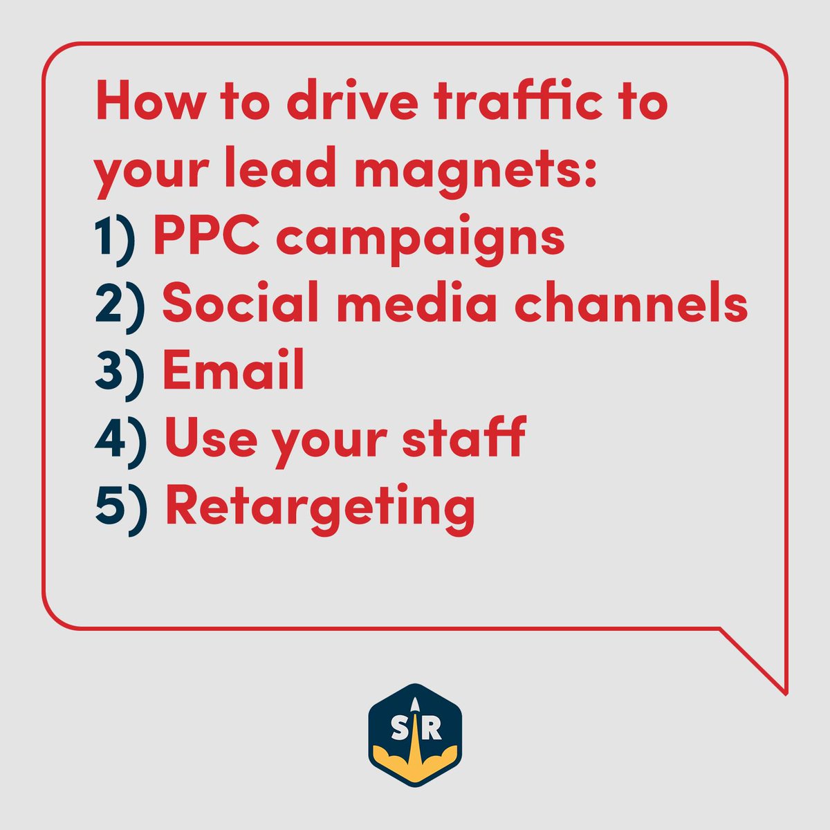 StrategicRocket's tweet photo. This isn't a complete list, but it will get you started on ways to drive traffic to your lead magnets. 

#leadmagnets #digitalmarketing #marketingtips #ppc #socialmedia https://t.co/SVqWHAl4Ja