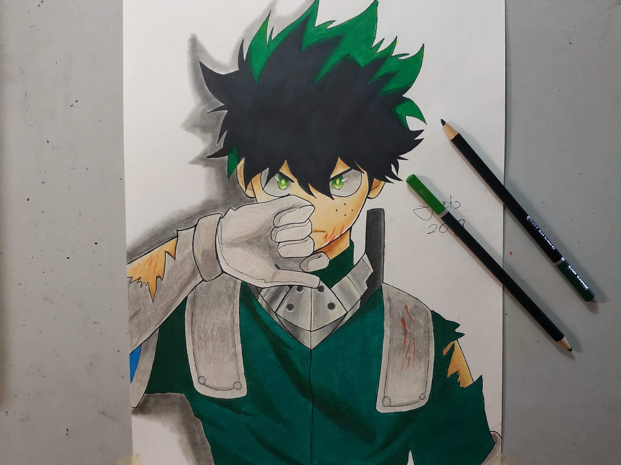 Goku from dbz mixed with deku from my hero academia, painting style, with a  good background