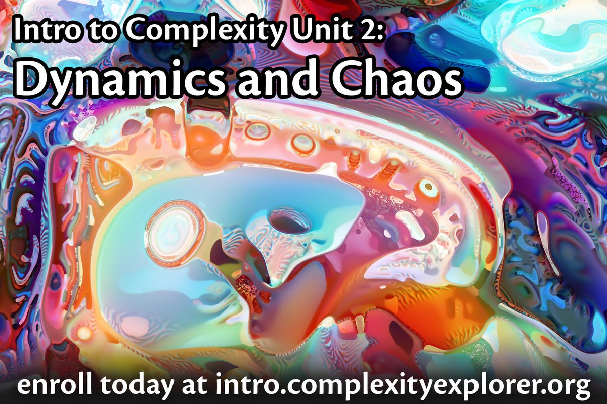 ComplexExplorer's tweet image. Intro to Complexity returns October 1st! @MelMitchell1’s acclaimed free, global course provides a hands-on journey of #discovery into some of our world’s most fascinating phenomena.
Enroll today and bring the hidden worlds of #complexity to life: intro.complexityexplorer.org
#MOOCs