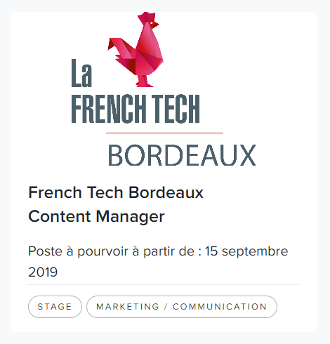 🚨 #FrenchTech #Bordeaux recherche un stagiaire Content Manager ✍️

ℹ️ Gestion du back office et de l'agenda de l'écosystème, rédaction d'articles et plein d'autres choses ! 🔥

 Rendez-vous ici pour découvrir la fiche complète ➡️bit.ly/FTBdx-ContMan