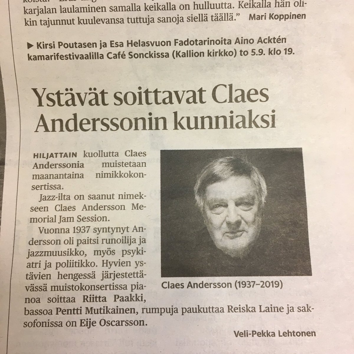 ESBC_Vuoksenmaa's tweet photo. #hsfi #jukkavirtanen muisteloiden lähellä ollut #claesAndersson muistokonserttijuttu toi jälleen kerran mieleeni elämään ja kuolemaan liittyvän tunnekirjon valoisan, hyvän energian puolen: tekomme, ideamme, lapsemme jäävät jatkamaan elämää. Taiteessa ja viihteessä asia korostuu. https://t.co/fjhZjP8Dln