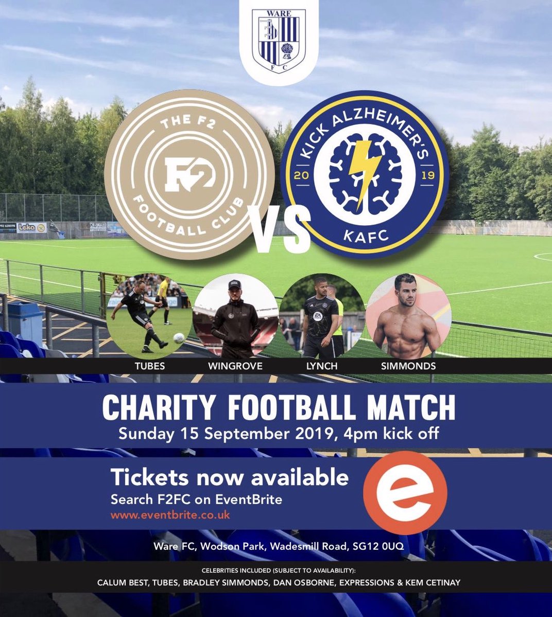 F2FootballClub's tweet photo. 🚨 GAME ANNOUNCEMENT 🚨Get your tickets now for a very special game! Loads of celebrities making for a quality game of football ⚽️

📆 Sunday 15th September
🏟 Ware FC
🎟 https://t.co/ZXj6akEl9F https://t.co/8DoOALf084
