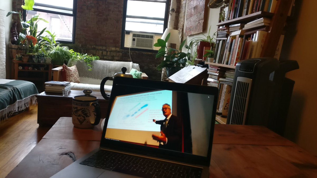 KKornhuber's tweet image. One way to help researchers to #flyless is to keep on developing  teleconference tools that work 'reasonably well'™.

Participating @ECMWF #AS2019 out of Brooklyn with a freshly brewed espresso 🥳.