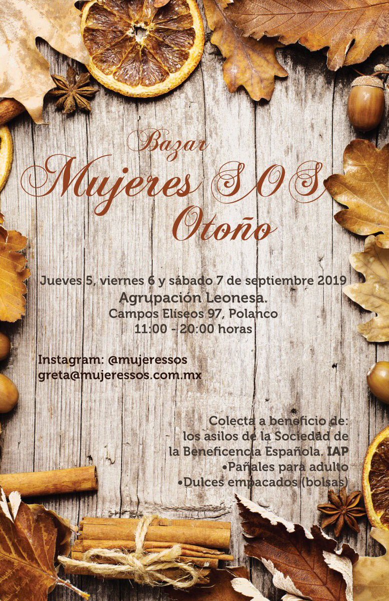#BazarOtoñoMSOS 
🍂🍁🌾🍂🍁🌾🍂
Jueves 5, viernes 6 y sábado 7 de Septiembre en Campos Elíseos 97, Polanco. 
#EntradaLibre #Valetparking