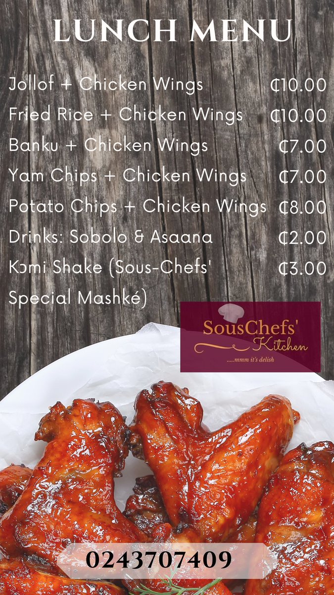 souschefskitchn's tweet photo. Place your order btn 7am and 9:30am and we've got u covered for lunchtime. Call or WhatsaApp us on 0243707409 for more info and place your order....mmm it's delish. #Foodie #ChickenWings #SousChefsKitchen #Food #Accra #Ghana #JesusSaves #SeekFirstTheKingdomOfGod #MondayMotivation https://t.co/mwIqHf4nJa