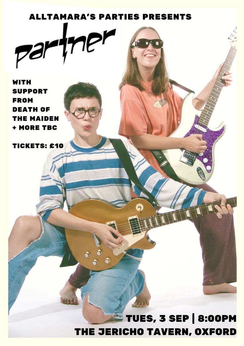 Top gig tip folks! Tomorrow night <a href="/TamarasParties/">All Tamara's Parties</a> bring ace Canadian power popsters <a href="/partner_band/">Partner</a> to the Jericho Tavern! Expect bangers galore like this one... youtube.com/watch?v=81gPPW…