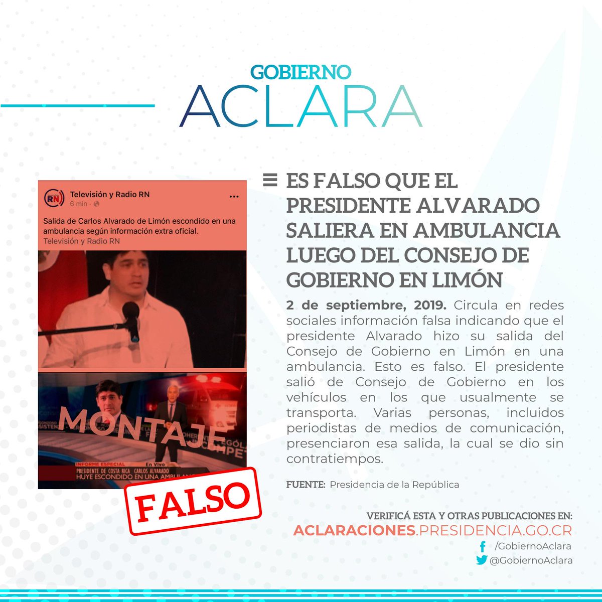 gobiernoaclara's tweet photo. #GobiernoAclara Es falso que el Presidente Alvarado saliera en ambulancia luego del Consejo de Gobierno en Limón

https://t.co/N7WiUZehd9 https://t.co/0GqKxItBtR