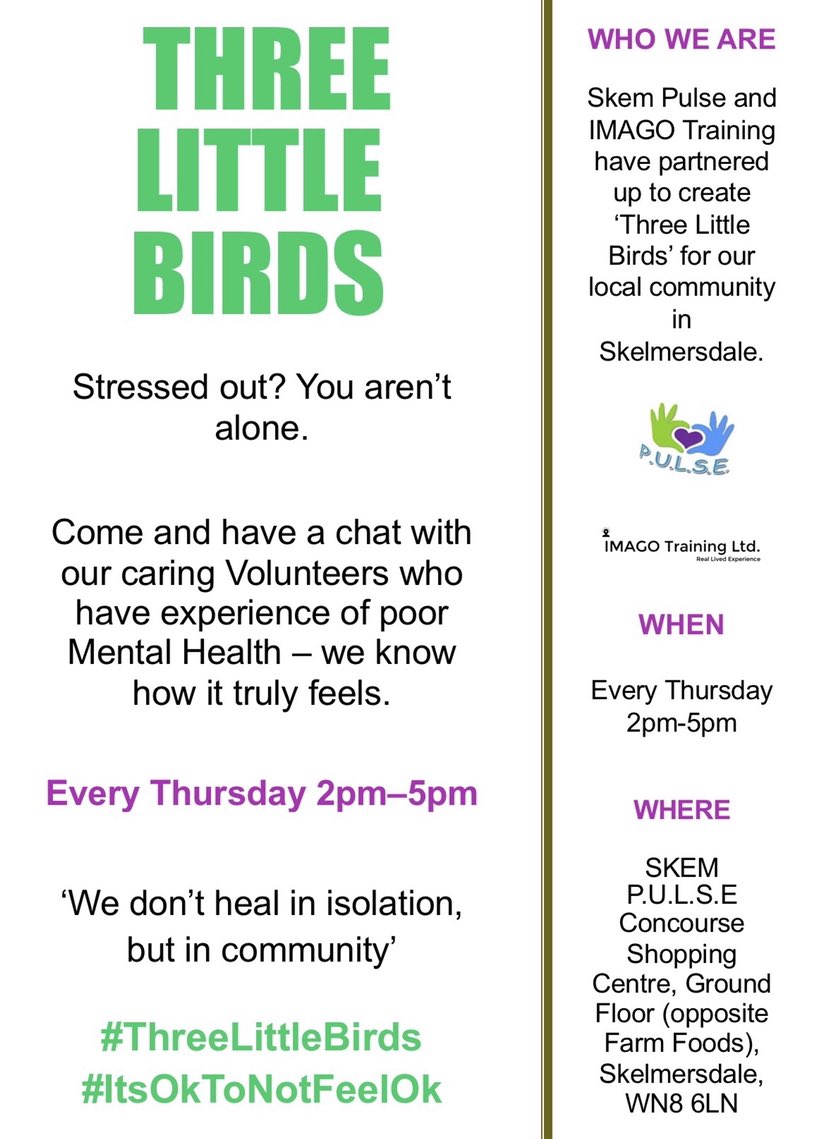 3LittleBirdsMH's tweet photo. #ThreeLittleBirds mental health café is every Thursday (2pm-5pm) at ‘The Pulse’ in #Skelmersdale 💚

Come &amp; have a cuppa with friendly, non-judgemental people who have lived experience of poor #MentalHealth

Please don’t feel alone

#ItsOkToNotBeOk 
#FreeToAttend
#WestLancs https://t.co/qxTlD6bk8F