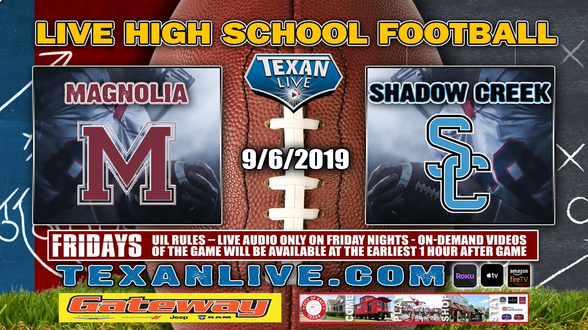 Texan_Live's tweet photo. 📺LIVE AUDIO BROADCAST 📺 
Magnolia vs Shadow Creek
Friday, - 9/6/2019
Coverage begins @ 7:00PM
For the LIVE link click here:  https://t.co/nE73bzzDFX
Due to UIL restrictions VIDEO will be available On-Demand 1 hour after the completion of the game

@HoustonChronHS https://t.co/EZKHgI3qUy