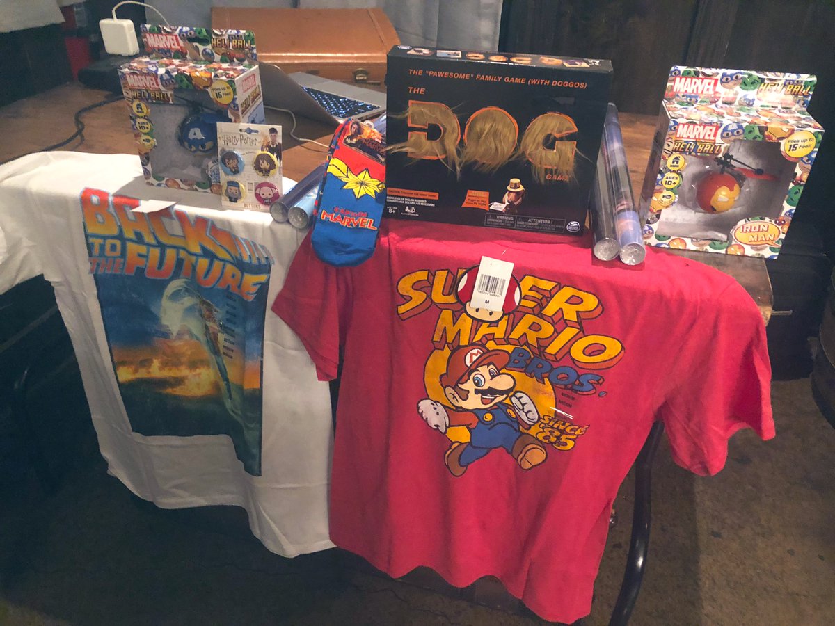 ryanbudds's tweet photo. ET shirt, #BttF shirt, Mario shirt, Stranger Things posters, Marvel posters, Iron Man/Capt America helicopters, Capt Marvel socks, a dog board game, and #HarryPotter pins! I think I’ve got this #TriviaParty for 13 year olds covered 🤙 #BarMitzvah #TriviaWithBudds https://t.co/JvTiyYgLCs
