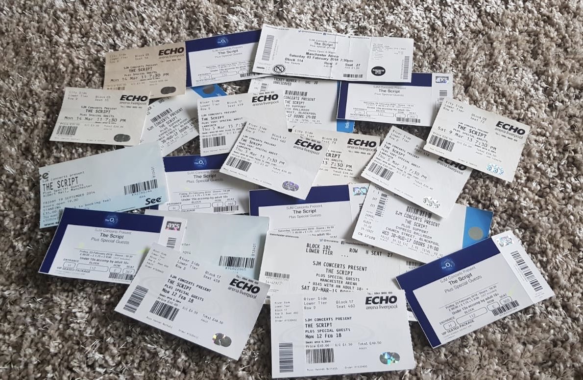 ImWithTheScript's tweet photo. Tonight I got all my concert tickets out.. then I realised the pile for @thescript since 2011 🙈❤️🎵 I was god damn proud of this moment! #imwiththescript @TheScript_Danny #scienceandfaith #3 #freedomchild #nsws https://t.co/Ei20MpECsD