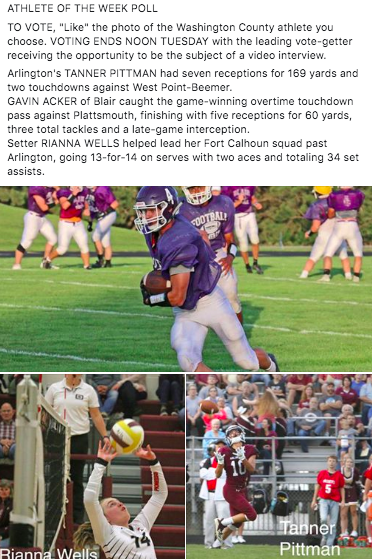 EntPubSports's tweet photo. Happy Labor Day! To vote in this week's ATHLETE OF THE WEEK POLL, head over to the Enterprise Media Group Facebook page (https://t.co/ynA5HuDRKf) &amp; "Like" the photo of the Bear (Gavin Acker), Eagle (Tanner Pittman) or Pioneer (Rianna Wells) you choose. #nebpreps #WashingtonCounty https://t.co/JWHt3beLjS