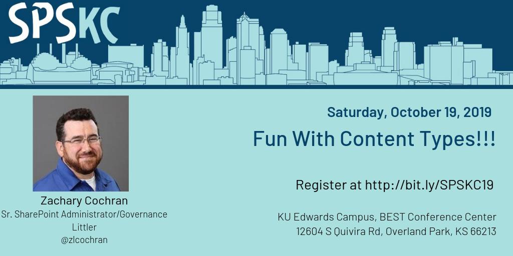 SPSKC1's tweet photo. @zlcochran will present "Fun With Content Types!!!" at #SPSKC on 10/19.  To attend and see this (and many other amazing presentations), register for free today! https://t.co/xZEUZBgZkG #spsevents https://t.co/AGdvpbF5Lk