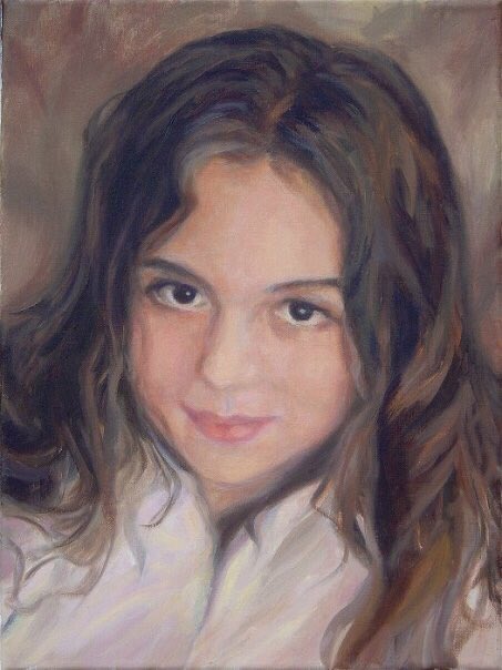 This little sweetheart was 9 yrs old in the photo I used for reference. Those eyes - the innocence - her quiet playfullness - with a touch of shy - melted my heart.Has an old world feeling due to my choice of palette, but still modern enough to appeal to her liking.