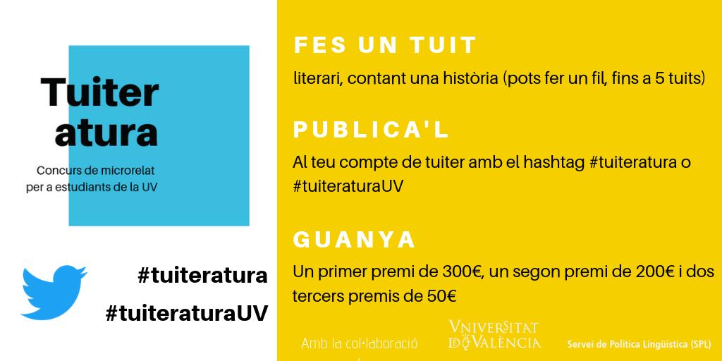 TuiteraturaUV's tweet photo. 📯 Arriba setembre amb el nou curs i vos presentem #tuiteratura, primer concurs de microrelat per a estudiants de la UV! 

Què cal fer per participar?👇👇👇

Bases completes en el nostre web
https://t.co/1l2ljJh6oh
#tuiteraturaUV #microrelat #envalencià https://t.co/v8qHt0DStz