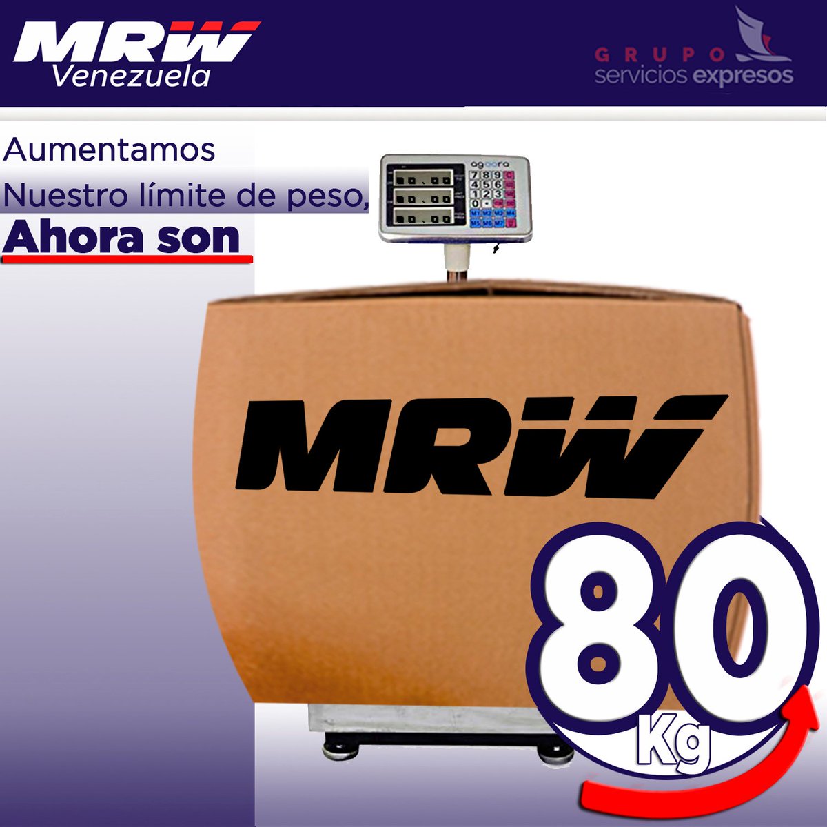 MRW_Vzla's tweet photo. Ahora el aumento de capacidad por encomienda es hasta un máximo de 80 kilogramos. ¡Sí! como tu lo deseabas, más carga, más envías, nuestro deseo es que te sientas satisfecho al utilizar nuestros servicios. 
#80Kilos #Aumentodecarga 
#Encomiendas #Paquetes
#Mrw #Venezuela https://t.co/VTN3yKo2Q9